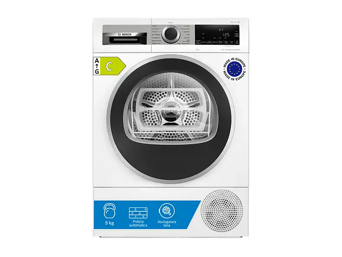 Asciugatrice BOSCH WQG245D0IT, a pompa di calore, 9 kg, profondità 61,3 cm, Auto Dry, SelfCleaning Condenser, funzione mezzo carico, Classe C